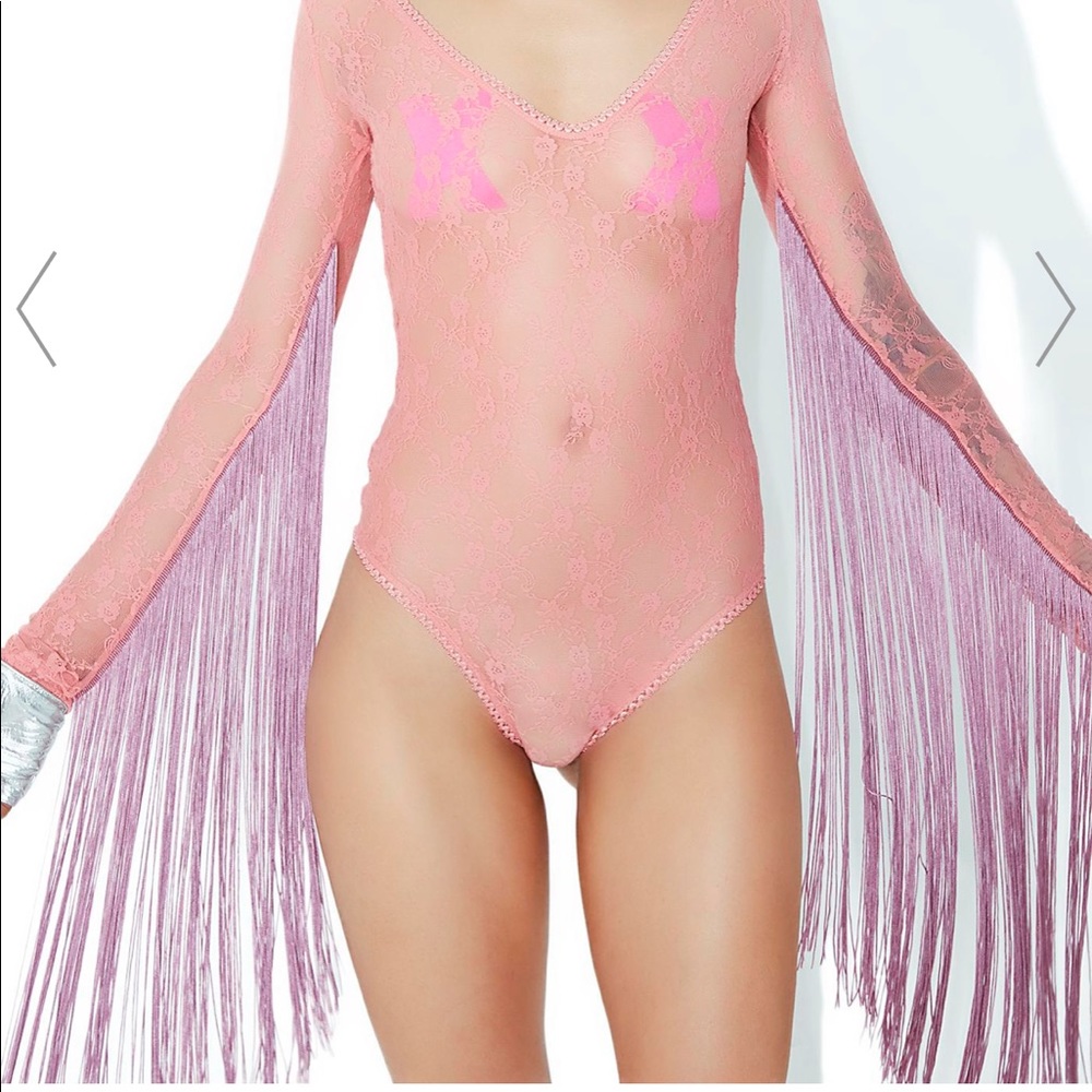 PINK LACE BUTTERFLY FRINGE BODYSUIT!